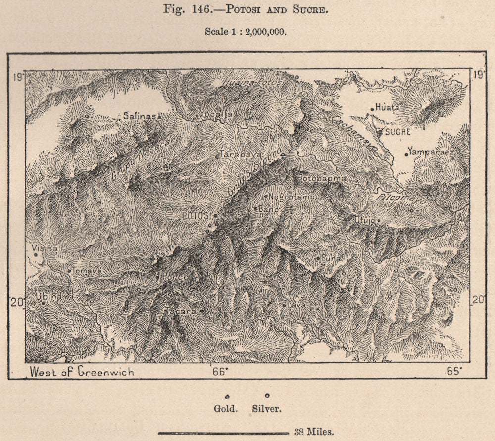 Potosi and Sucre. Bolivia 1885 old antique vintage map plan chart